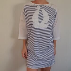 Vintage Cotton Boat Neck Long Sleeve Mini Dress Nautical Stripes Sailboat Large